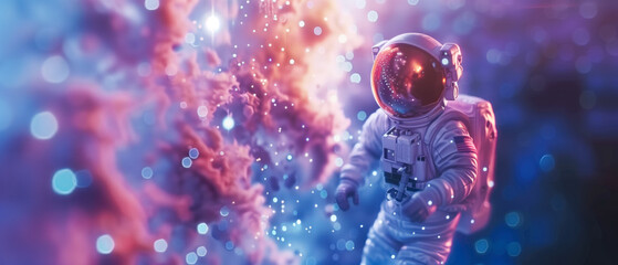 An astronaut floats before a vibrant nebula surrounded by a surreal dance of light and color in the vastness of space. - obrazy, fototapety, plakaty