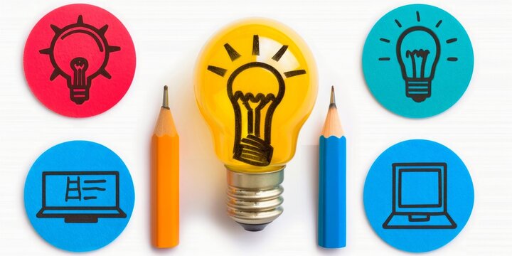 Illuminated bulb with icons, pencils signify idea, creativity, and technology.