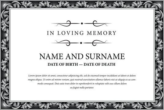 Funeral card. In loving memory of those who are forever in our hearts. Elegant design. Vector illustration.