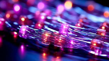 Abstract close up fiber optics light for background. Holiday concept. Optic communication and technology background. Optical lighting with bokeh