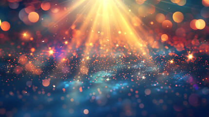 Fototapeta premium Abstract background with bokeh lights and rays of light in purple, blue, pink colors. Background design for presentation, banner or poster