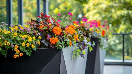 Fototapeta na wymiar Modern, angular raised planters filled with a symphony of colorful flowers, creating a dynamic focal point.
