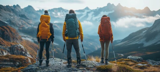 Adventure awaits: hikers with trekking poles traverse mountain paths, embracing the great outdoors and the joy of travel in breathtaking scenery - obrazy, fototapety, plakaty
