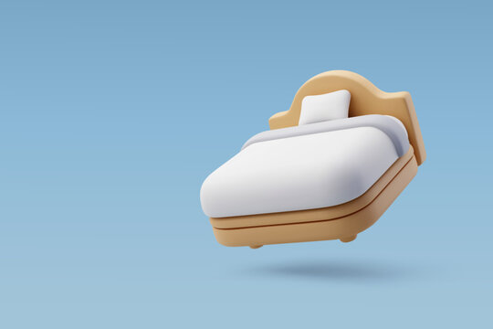 3d Vector Single wooden bed with white bedsheet, Furniture and hotel booking concept.