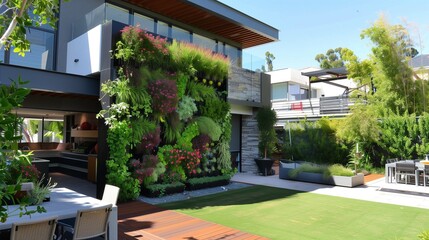 Fototapeta na wymiar Striking vertical gardens climbing up the walls of a contemporary outdoor living space, creating a living tapestry.