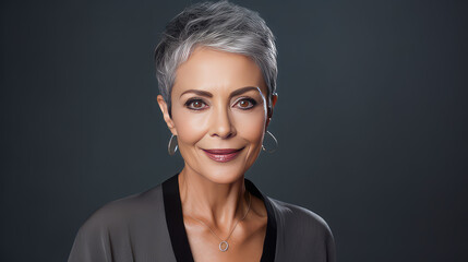 Elegant, smiling elderly, chic latino, Spain woman with gray hair and perfect skin, silver...