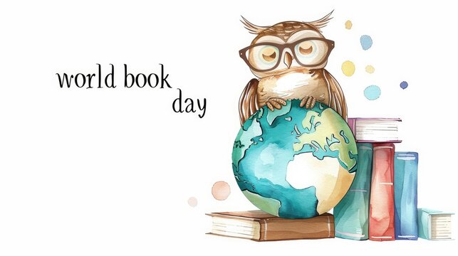 World Book Day concept a cute watercolor owl with glasses, books, and Earth.