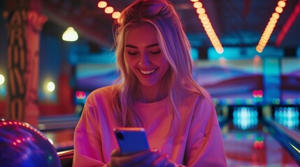 Stylish Blonde Woman Chatting on Smartphone: Nighttime Bowling Fun