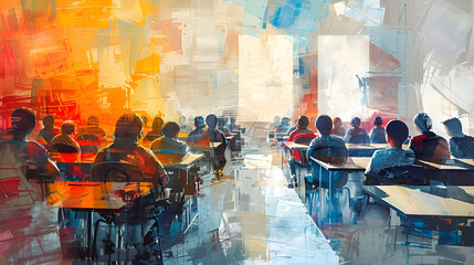 abstract classroom with student, examination process or testing in an educational institution, abstract illustration, Generative AI - obrazy, fototapety, plakaty