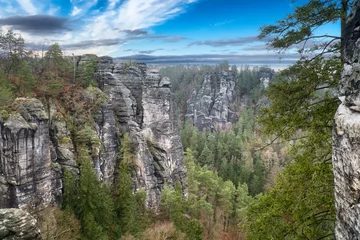 Meubelstickers De Bastei Brug Rugged rocks on the Basteibridge. Wide view over trees and mountains. National park