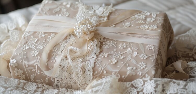 A pristine gift box, wrapped in delicate lace, evokes timeless beauty.