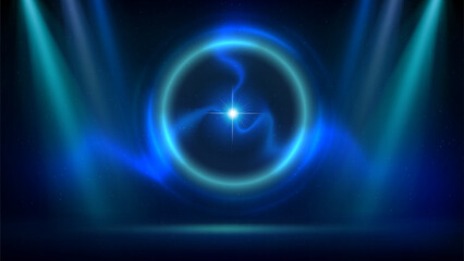 Blue spotlight backdrop. Science experiment. Stage, blue cyan circular lighting background, ball lightning. Fluorescent ring on dark backdrop. Glowing circle. Background displaying products. Vector