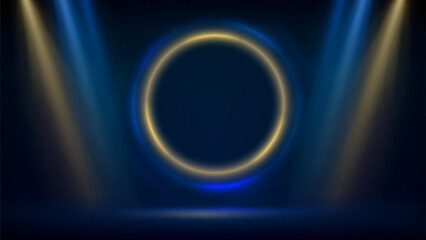 Blue golden spotlight backdrop. Stage with golden blue circular lighting background. Light fluorescent ring on dark backdrop. Round frame. Glowing gold circle. Background displaying products. Vector