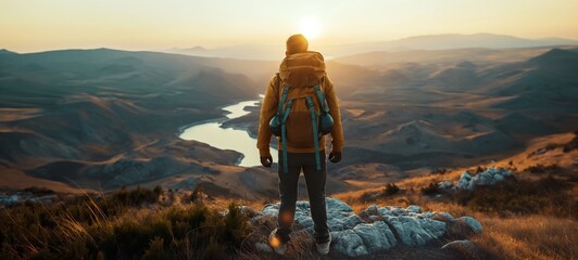 Hiker witnessing the golden sunrise over a serene mountain lake, embodying the spirit of adventure, outdoor exploration, hiking, and travel - obrazy, fototapety, plakaty