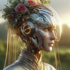 Futuristic Elegance. Cyborg AI Girl in a Fashionable Flower Garden