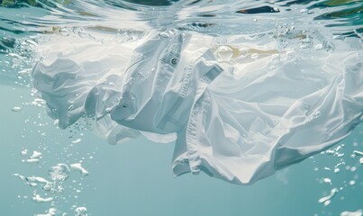 Submerged White Garment Gently Billowing in Clear Blue Water. Sugesting a powerful cleansing solution