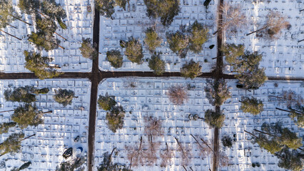Drone photography of a large cemetery in a forest covered by snow during winter day