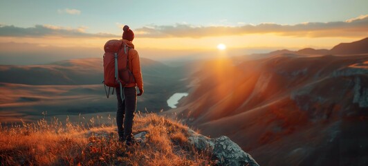 Adventurer on a mountain trail at dawn, overlooking a tranquil lake, captures the essence of hiking, travel, and outdoor exploration in nature - obrazy, fototapety, plakaty