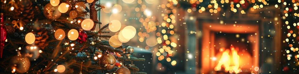 Obraz na płótnie Canvas Joyful Christmas Celebration: Festive Ambiance with Tree and Fireplace