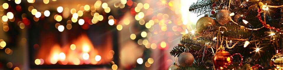Fototapeta na wymiar Joyful Christmas Celebration: Festive Ambiance with Tree and Fireplace
