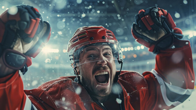 A hockey player celebrates victory, unleashing shouts of joy against the backdrop of a hockey stadium. Emotional celebration of winning the game. Red hockey jersey