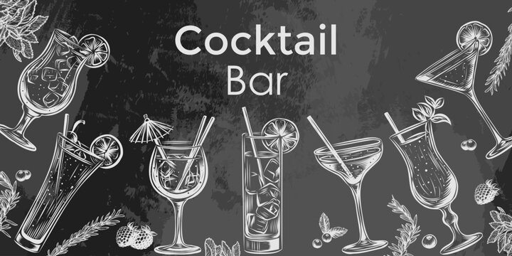 Vector design with hand drawn alcoholic drinks illustration. Vintage beverages sketch background. Retro template isolated on chalkboard with cocktails. Design layout for bar, menu, happy hour