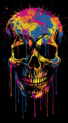 Bright skull with smudges of paint on a black background.
