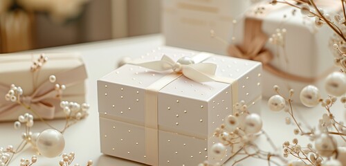 Tiny pearls embellish a refined gift box, adding a touch of luxury.