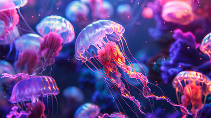 Create a surreal underwater world with neon jellyfish floating gracefully in an oceanic abyss - obrazy, fototapety, plakaty