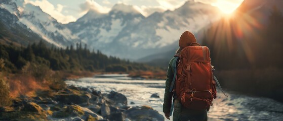 Mountaineer at sunrise, gazing at a pristine lake, embodies the adventurous spirit of hiking, outdoor travel, and mountain exploration