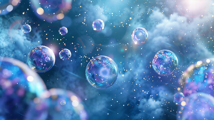 Design a backdrop background featuring beautiful bubbles floating through a serene universe