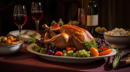 Baked turkey. A delicious Thanksgiving dinner with a perfectly roasted turkey as the centerpiece of the festive table.