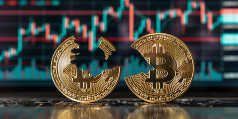 Golden Bitcoin split in half against a backdrop of stock market graphs, depicting financial risk