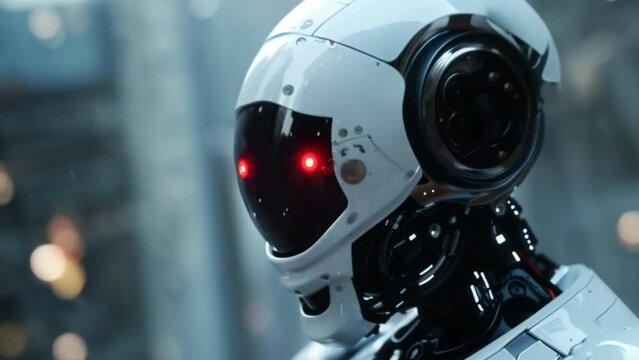 A robot with red eyes and a white helmet. The robot is standing in front of a city