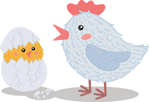 Vector illustration of a chicken with a chicken hatched from an egg. A vivid illustration of Easter. An illustration for Mother is Day. A retro-style picture for a happy Easter. Stock illustration