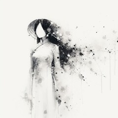 Vietnamese girl wearing traditional clothes aodai in splash ink painting with Generative AI.