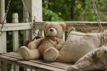Resting on a weathered porch swing, a teddy bear and wooden rattle sway gently in the breeze.