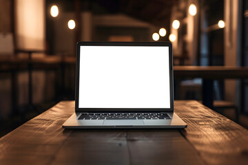 A laptop with a blank white screen on a wooden table in a coffee shop, with a warm and blurred background. - obrazy, fototapety, plakaty