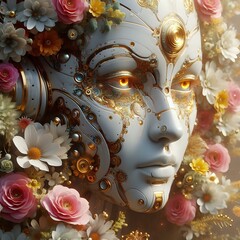 Futuristic Elegance: Cyborg AI Girl in a Fashionable Flower Garden