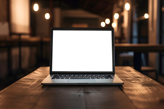 A laptop with a blank white screen on a wooden table in a coffee shop, with a warm and blurred background.