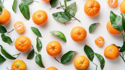 Fresh ripe tangerines and leaves on light white background. Flat lay, top view, copy space.