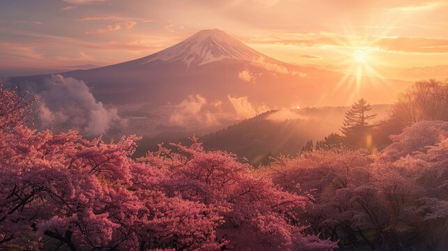 Sunlit scene overlooking the sakura plantation with many blooms, Fuji volcano in the background, bright rich color, professional nature photo