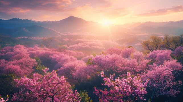 Sunlit scene overlooking the sakura plantation with many blooms, view on Fudzi mountain, bright rich color, professional nature photo