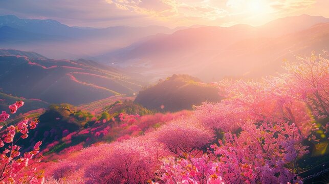 Sunlit scene overlooking the sakura plantation with many blooms, view on Fudzi mountain, bright rich color, professional nature photo
