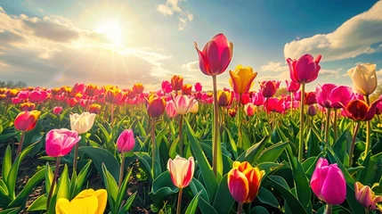 Poster Sunlit scene overlooking the tulip field with many tulips, bright rich color, professional nature photo © shooreeq