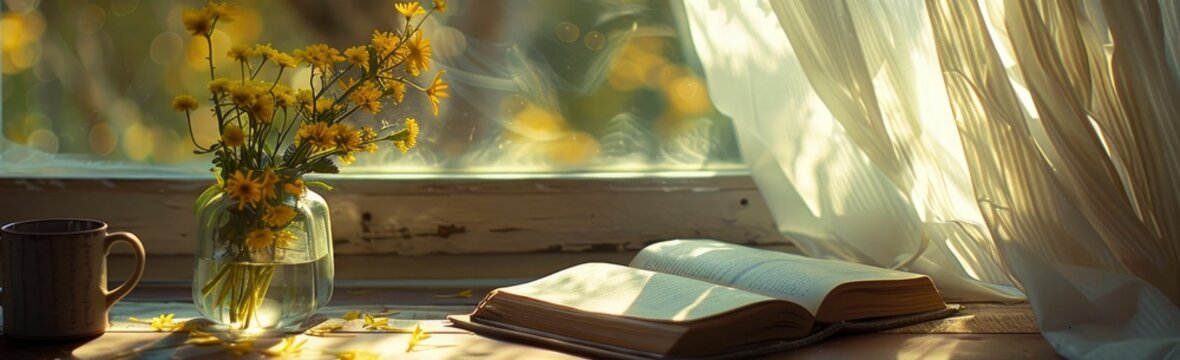 A book is open on the table and an old glass vase with yellow flowers in it. The sunlight shines through the window