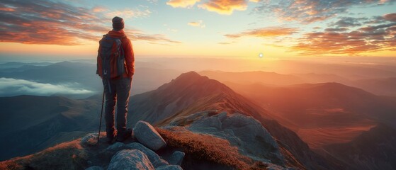 adventure in the mountains: A hiker travels through breathtaking outdoor landscapes, capturing the essence of exploration and freedom - obrazy, fototapety, plakaty
