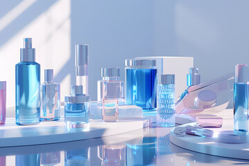 シンプルで透明なブルーボトルのスキンケア用の化粧品をディスプレイしている美容広告写真