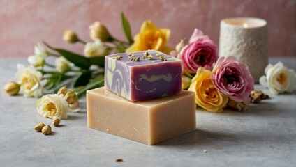 Obraz na płótnie Canvas Artisanal soap bars with natural ingredients adorned with flowers alongside a lit candle for a serene ambiance