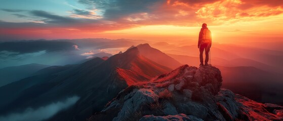 Mountain summit at dawn offers a serene adventure scene, perfect for hiking, travel, and outdoor enthusiasts seeking tranquility and beauty - obrazy, fototapety, plakaty